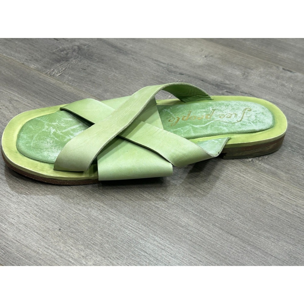 Free People Del Mar Sandals Womens 7 Green Leather Slide Strappy Boho Summer - Picture 4 of 9